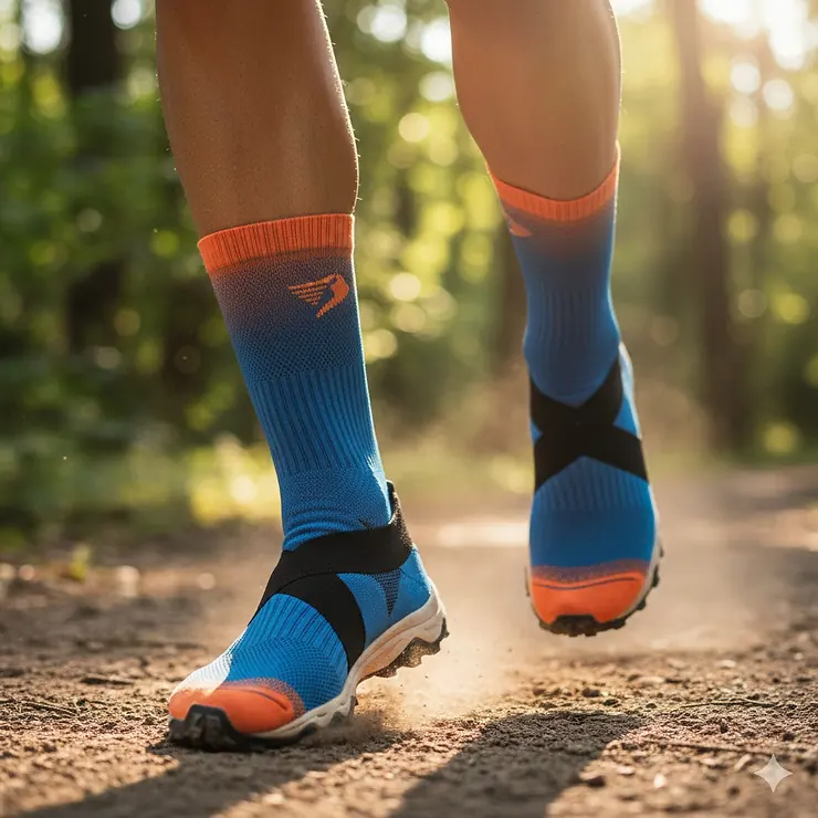 A close-up shot of a runner wearing performance running socks with visible compression bands for arch support. running socks with arch support
