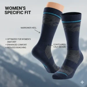 A pair of women's specific ski socks featuring a narrower heel and contoured calf fit.