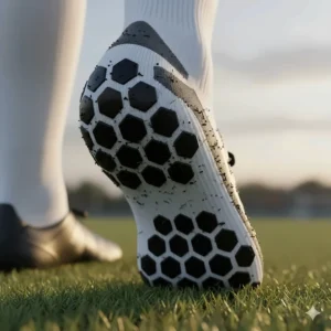 Close-up illustration of anti-slip silicone pads on the sole of a soccer sock for better traction.