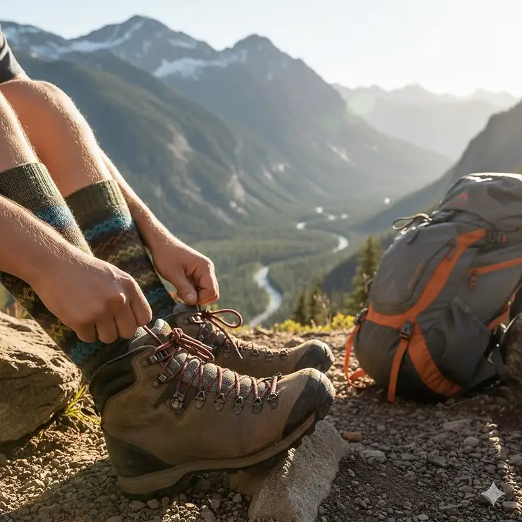 A hiker wearing high-quality wool backpacking socks and boots resting on a mountain trail with a scenic valley view. best socks for backpacking