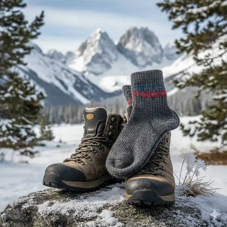 A close-up of a hiker wearing thick merino wool winter hiking socks and waterproof boots in a snowy landscape. best winter hiking socks