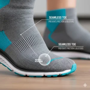 Illustration of seamless toe construction in cushioned socks to prevent friction and blisters.