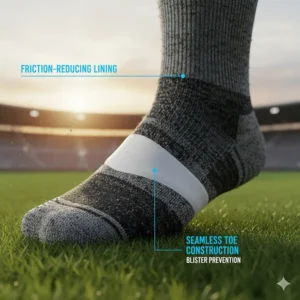 Illustration of seamless toe construction and friction-reducing fabric used in the best soccer socks to prevent blisters.