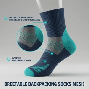 Close-up illustration of breathable mesh ventilation zones on the instep of a hiking sock.