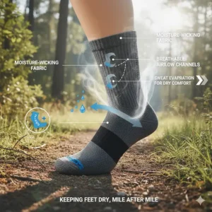 Graphic showing moisture-wicking fabric technology used in crew length running socks to keep feet dry.