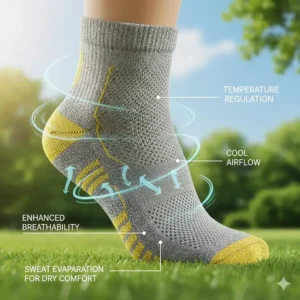 Graphic showing airflow through breathable fabric layers in padded running socks.