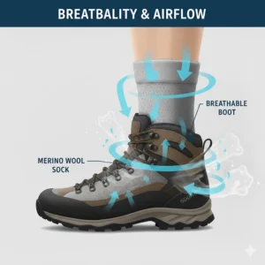 Illustration of airflow through merino wool fabric layers for temperature regulation during hikes.