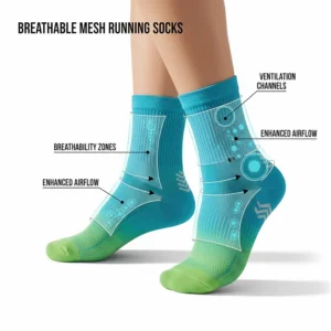Illustration of ventilation zones on moisture wicking running socks for maximum airflow.