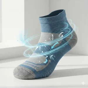 Illustration showing airflow through the mesh ventilation zones of a lightweight running sock.