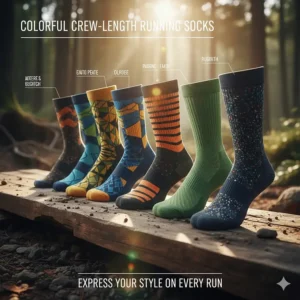 A variety of patterned and brightly colored crew length running socks displayed together.