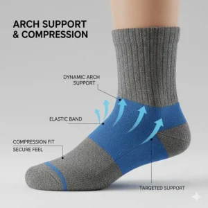 Demonstration of the elastic arch support band in a merino wool sock for a secure fit.