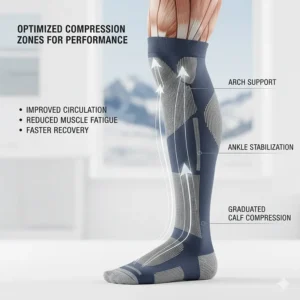 Illustration of compression zones on a ski sock designed to improve blood flow and reduce foot fatigue.