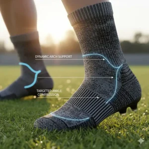 Illustration highlighting the elastic arch support and compression zones of a premium soccer sock.