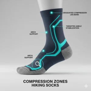 Diagram highlighting arch support and compression zones in performance backpacking socks.