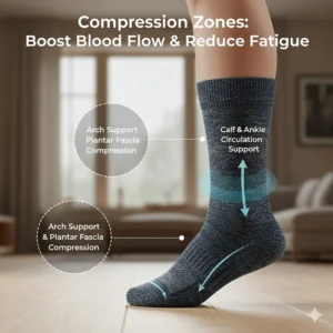 Illustration of targeted compression zones in a hiking sock designed to improve blood flow and reduce foot fatigue.