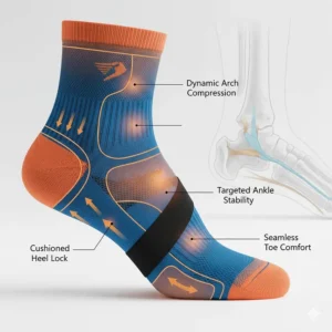 Illustration highlighting targeted compression zones in running socks for foot stability.