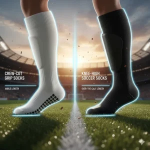 Comparison chart showing the difference between crew-cut grip socks and standard knee-high soccer socks.