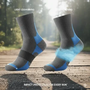 Comparison of light versus max cushioning in crew length running socks for impact protection.