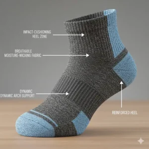 Diagram showing the reinforced heel and toe padding of cushioned running socks.