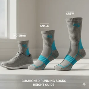 Comparison chart of no-show, ankle, and crew length cushioned running socks.
