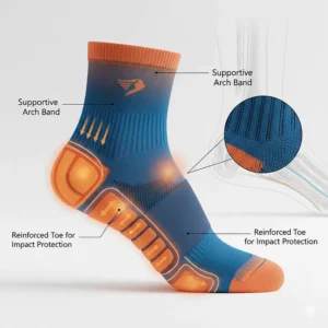 Illustration of padded heel and toe areas combined with a supportive arch band for impact reduction.