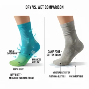 Comparative illustration showing a dry foot in moisture wicking running socks versus a damp foot in cotton socks.