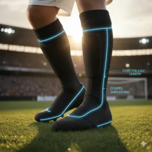 An illustration of traditional over-the-calf soccer socks worn comfortably over shin guards.
