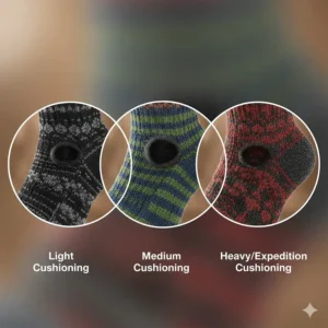 Comparison chart showing different cushioning levels for winter hiking socks from lightweight to expedition heavy.