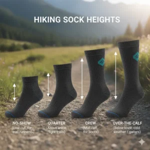 Comparison chart of hiking sock heights including no-show, quarter, crew, and over-the-calf styles.