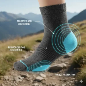Diagram showing targeted cushioning in the heel and toe of the best hiking socks for impact protection.