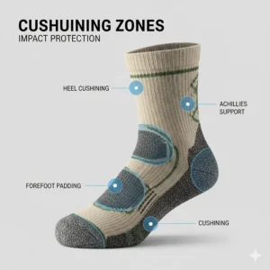Highlighted zones on a merino wool sock showing extra padding in the heel and toe for impact protection.