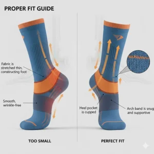 Size guide illustration showing how a well-fitted running sock should wrap around the arch.