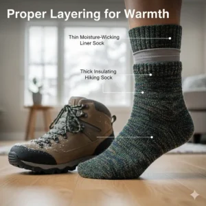 A hiker layering a thin moisture-wicking liner sock under a thick wool hiking sock for extra warmth.
