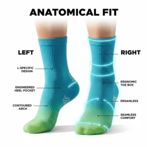 Illustration of anatomically correct left and right foot designs for moisture wicking running socks.