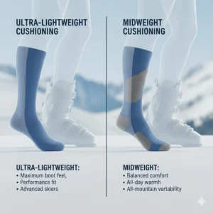 Comparison chart showing the difference between ultra-lightweight and midweight cushioned ski socks.