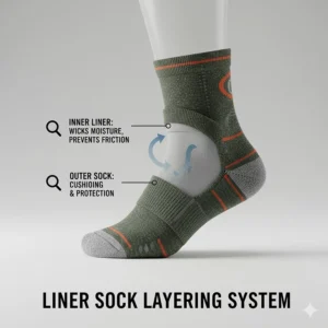 Illustration showing the two-layer sock system used to prevent friction on long backpacking trips.