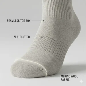 Close-up of the flat-knit seamless toe box on a merino wool hiking sock to prevent blisters.