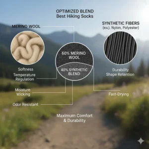 Infographic comparing merino wool and synthetic fibers used in the best hiking socks for durability.