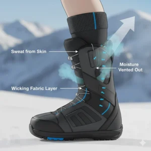 Diagram showing moisture-wicking fabric pulling sweat away from the skin inside a snowboard boot.