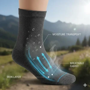 Illustration of breathable fabric layers in hiking socks transporting sweat away from the skin.