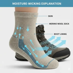 Diagram illustrating how merino wool hiking socks wick sweat away from the skin to keep feet dry.