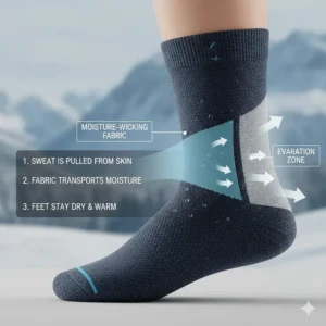 Diagram showing how moisture-wicking fabric pulls sweat away from the skin to keep feet dry while skiing.