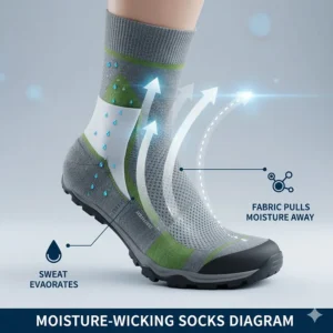 Technical illustration of how moisture-wicking fabric pulls sweat away from the foot during a hike.
