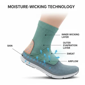 Diagram showing how moisture wicking running socks pull sweat away from the skin to the outer fabric.