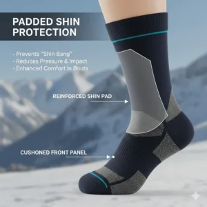 Illustration highlighting the reinforced shin padding on a ski sock to prevent shin bang from boots.