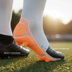 Diagram showing reinforced cushioning at the heel and toe of the best soccer socks for impact protection.