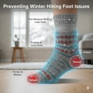Graphic showing how the best winter hiking socks protect against hotspots, friction, and frostnip.