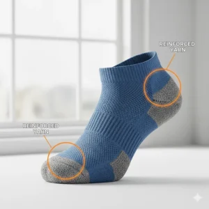 Diagram of reinforced yarn in the heel and toe areas for long-distance running durability.