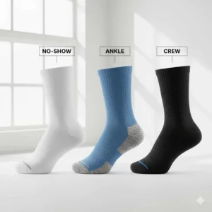 Comparison illustration of lightweight running socks in no-show, ankle, and crew lengths.