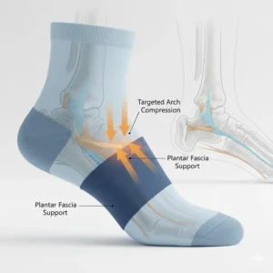 Diagram showing how arch support in running socks aligns with the plantar fascia.